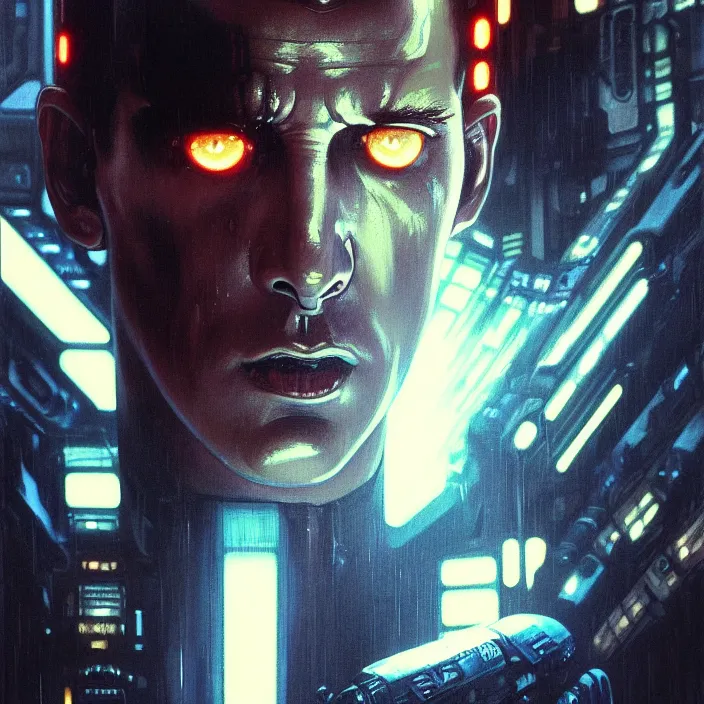 Image similar to excellent painted portrait of a replicant space marine from blade runner (1982), cyberpunk blade runner art, character artwork, 8k resolution artwork, trending on artstation, detailed oil painting portrait, art by artgerm and greg rutkowski and alphonse mucha and craig mullins and James Jean and Andrei Riabovitchev and Marc Simonetti and peter mohrbacher, matte painting