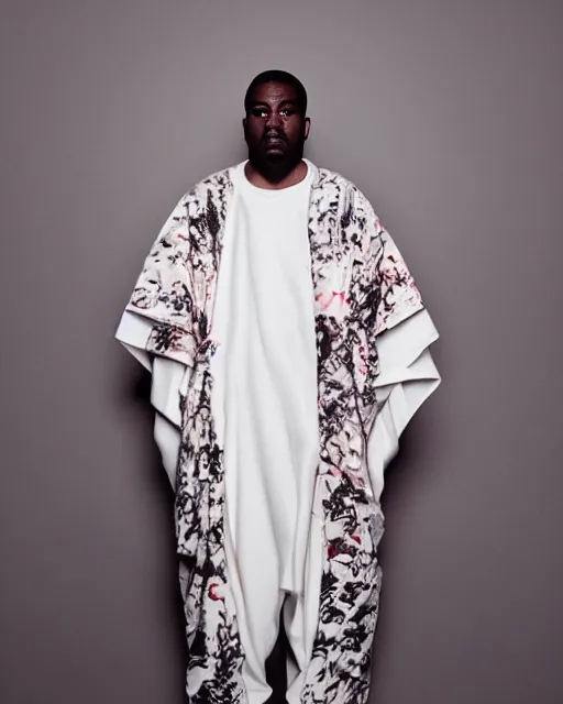 Image similar to Yeezy designed Kimono, model, studio photography, clothing drop, unreleased, Yzy, YZY GAP, Balenciaga, minimalist, dystopian feel