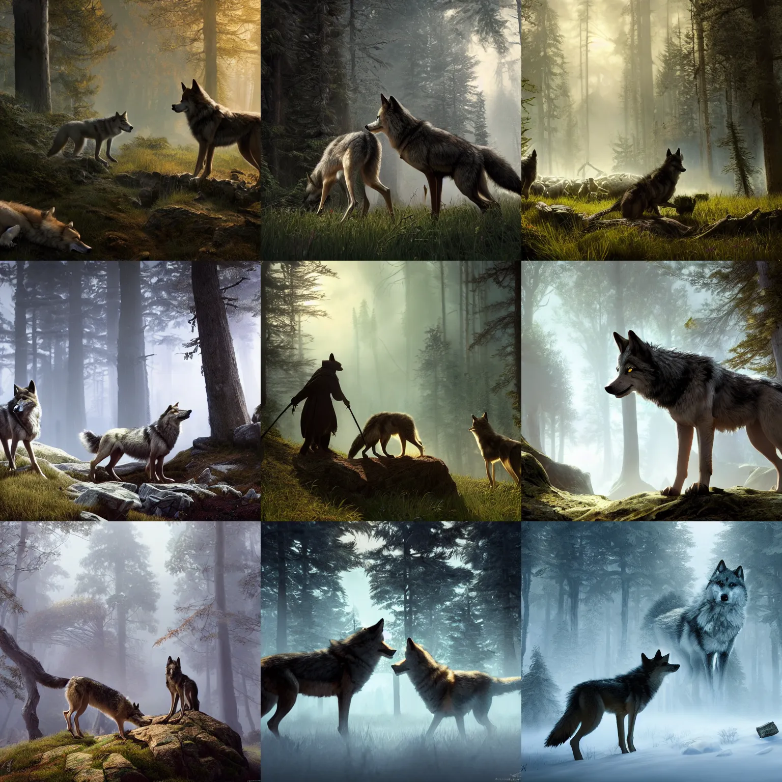 Prompt: wolves and their treasures. - fantasy style ultra realistic, octane render, unreal engine 5, raytracing, 8 k highly detailed, trending on artstation, illustration digital painting - highly detailed render by david caspar friedrich and george stubbs