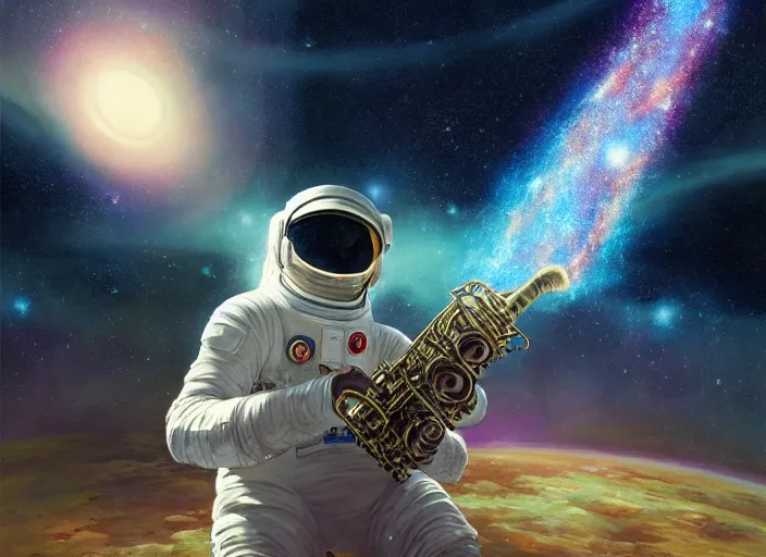 Prompt: craig mullins and ghibli digital illustration of an astronaut in the middle of the cosmos playing the saxophone, full body, strong contrast, earth, galaxies, ethereal, inviting, bright, raking light from constellations, unreal engine, hyper realism, realistic shading, cinematic composition, realistic render, octane render, detailed textures, photorealistic, wide shot