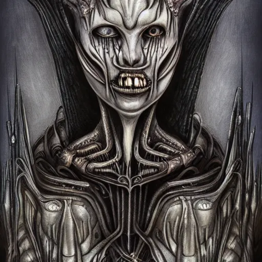 Image similar to Giger portrait of queen dragon, HD, soft shading, hyperdetailed, wide angle lens, fantasy, futuristic horror, style of giger