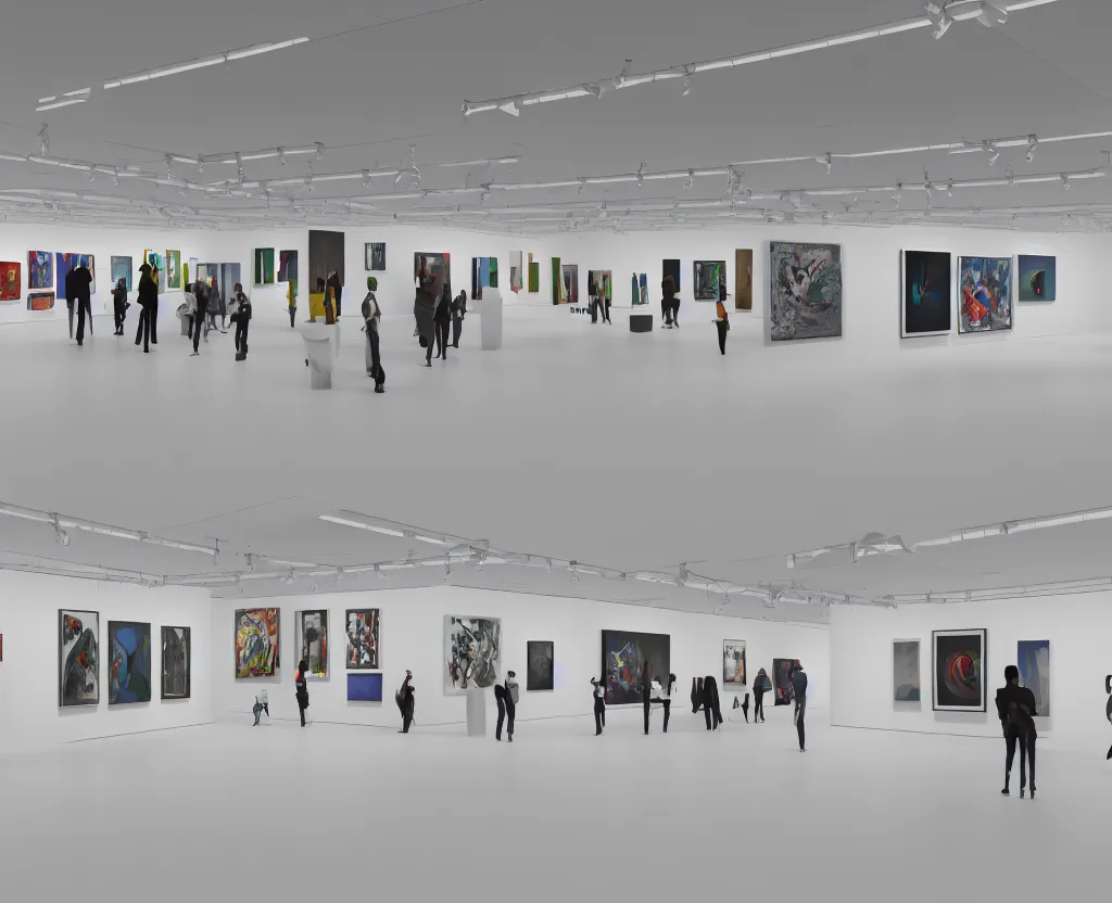 Image similar to 3 d rendering of a hyper modern art gallery with white walls, 5 0 mm canon lens, hyper detailed, soft bright light, unreal engine 5, 4 k, trending on artstation