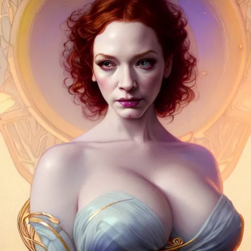 Image similar to christina hendricks wearing a white periwinkle, sci fi, glowing eyes, volumetric lights, gold theme, art nouveau botanicals, intricate, highly detailed, digital painting, artstation, concept art, smooth, sharp focus, cinematic, illustration, beautiful face, art by artgerm and greg rutkowski and alphonse mucha