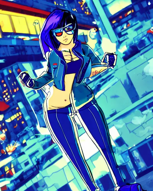 Image similar to cel shaded art of a pretty blue haired girl, jet grind radio graphics, cyberpunk city street background