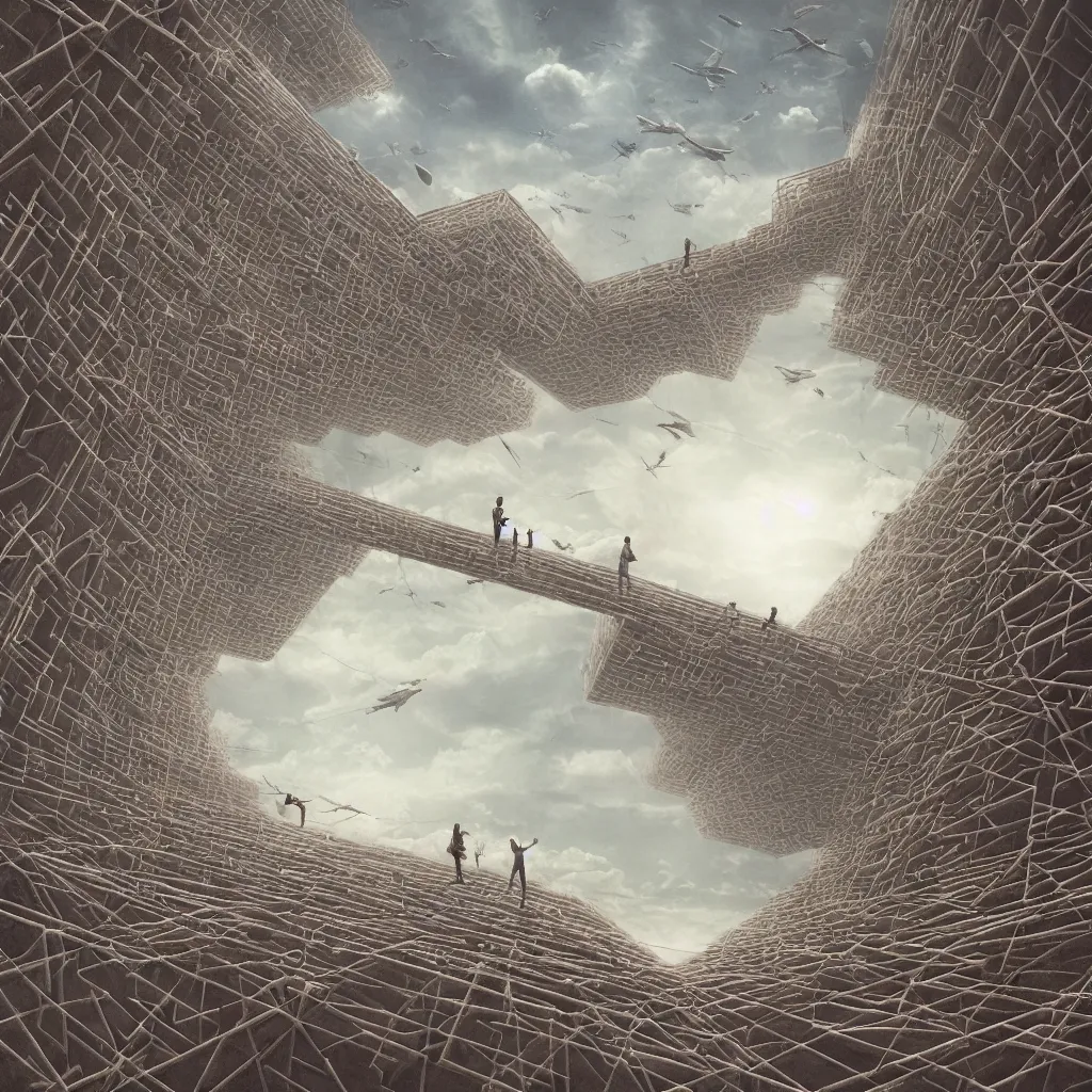 Image similar to wimmelbilder maze made of bridges in the sky, collage with photographs of beautiful android women weaving between the lines, isometric, clouds, octane render, very sharp, beksinski, quint buchholz, charlie bowater, pranckevicius