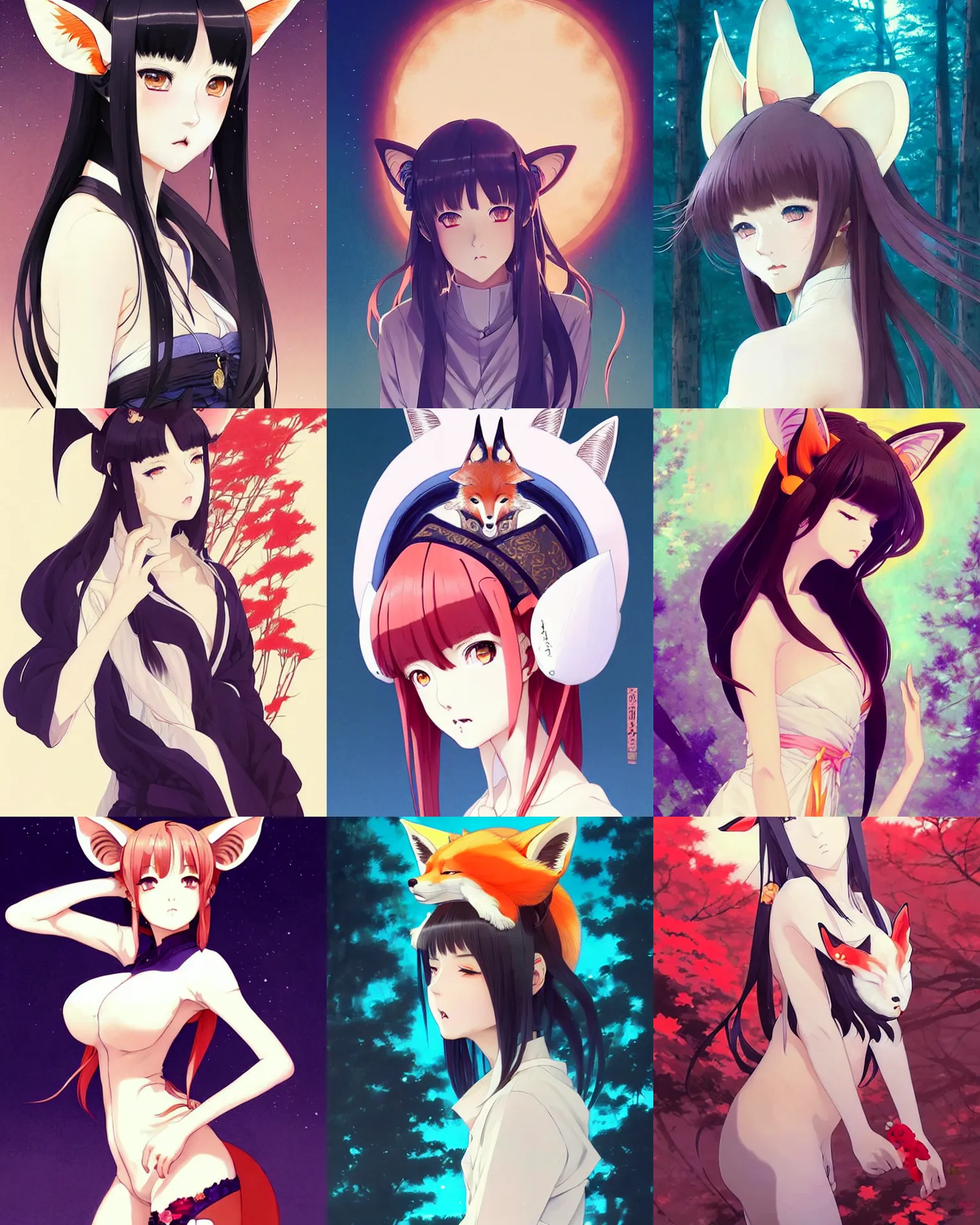 Prompt: A beautiful kitsune woman with fox ears || VERY VERY ANIME!!!, 'ara ara' energy, fine-face, realistic shaded perfect face, fine details. Anime. realistic shaded lighting poster by Ilya Kuvshinov katsuhiro otomo ghost-in-the-shell, magali villeneuve, artgerm, Jeremy Lipkin and Michael Garmash and Rob Rey