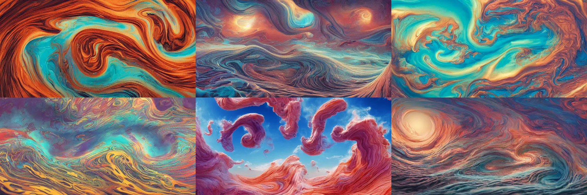 Prompt: sperical hdri map, epic smooth swirly illustration, ocean, mattepainting, fall vibrancy, swirly latte art cotton candy clouds, by james jean, by wayne barlowe, by moebius