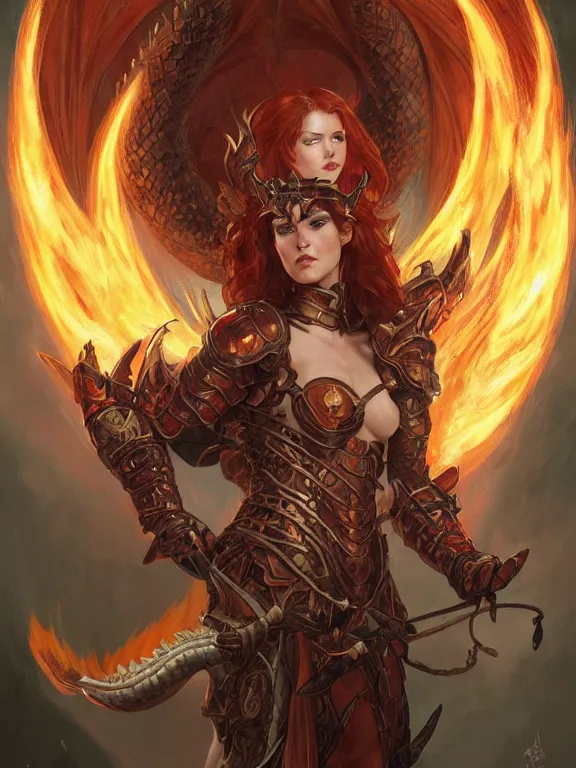 Prompt: full body portrait of dragon master lady, taned skin, red eyes, wild ginger hair, draconic looking armor, symmetric wings, firebreathing, high fantasy, dnd, highly detailed, perfect face, illustration, by artgerm, greg rutkowski, alphonse mucha