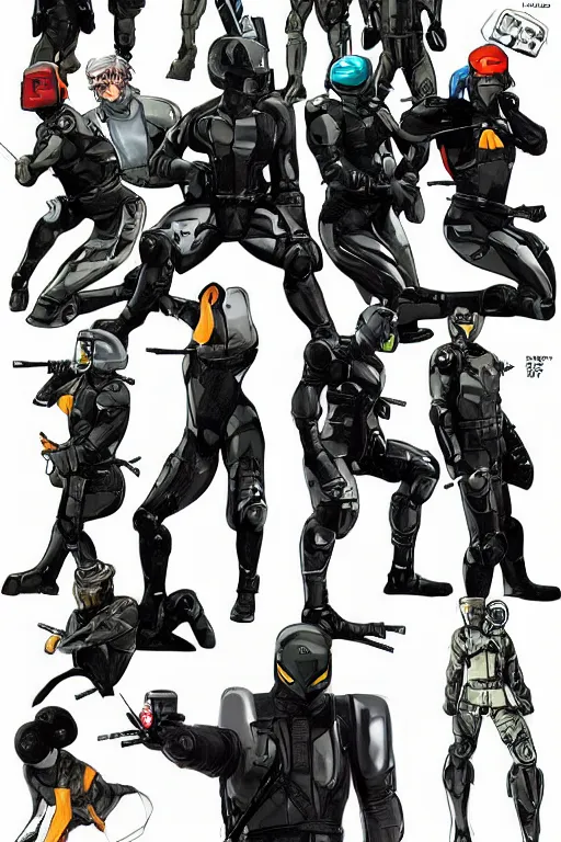 Image similar to robot ninja mask helmet metal gear solid snake pose training suit swat heros chaykin howard and campion pascale and cooke darwyn and davis jack illustration character design concept the phantom pain cosplay sniper wolf