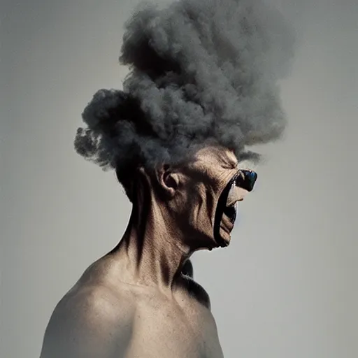 Image similar to annie liebowitz photo of a man's head replaced with a puff of smoke