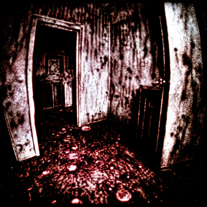 Image similar to unspeakable horrors, nightmare, horror, unknown, dark, liminal space, abandoned house, red eyes, 3 5 mm, found footage, cosmic horror, film shot