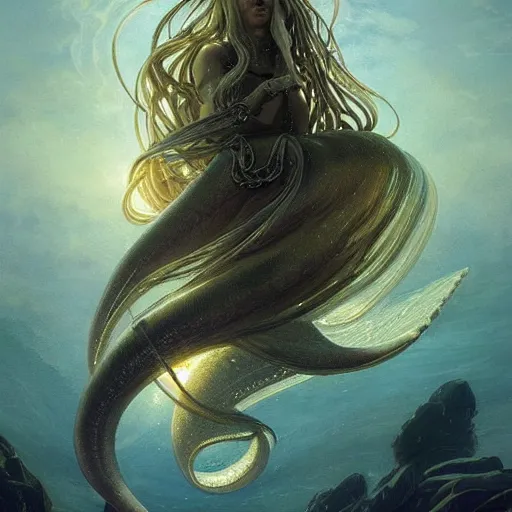 Image similar to “A giant sea squid celestial, Nordic inspired, epic, D&D, fantasy, intricate, cinematic lighting, highly detailed, digital painting, artstation, concept art, smooth, sharp focus, illustration, art by Artgerm and Greg Rutkowski and Alphonse Mucha”