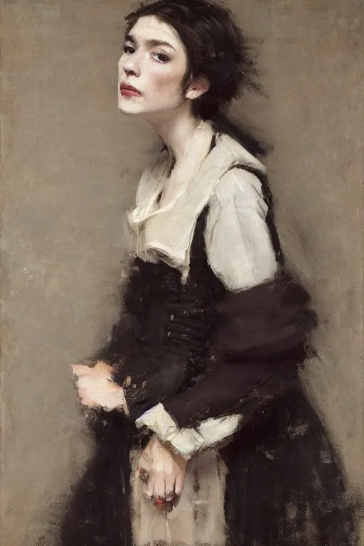 Prompt: Richard Schmid and Jeremy Lipking full length portrait painting of a young beautiful medieval jester woman