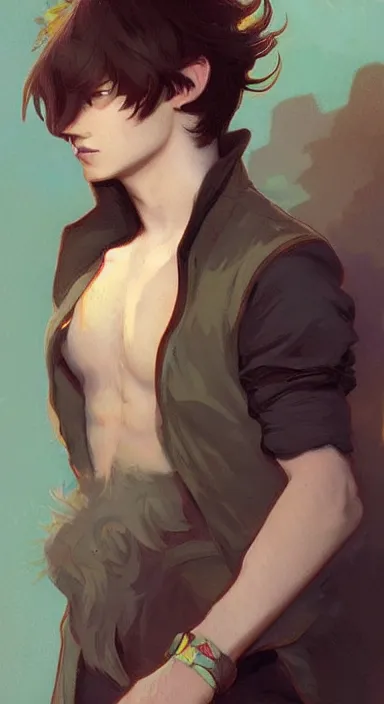 Prompt: Full body portrait of a cute catboy in his twenties. Award-winning digital art, trending on ArtStation. Art by Greg Rutkowski and Alphonse Mucha