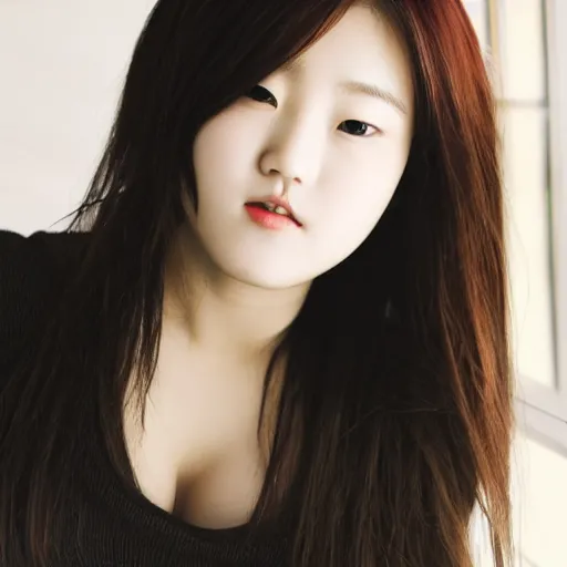 Image similar to jyp the asiansoul. curvaceous beautiful female body. demure feminine pose. soft features.