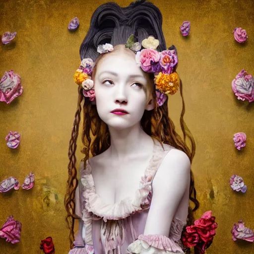 Image similar to 8k, octane render, realism, tonalism, renaissance, rococo, baroque, portrait of a young lady wearing long harajuku manga dress with flowers and skulls, background chaotic gold leaf flowers