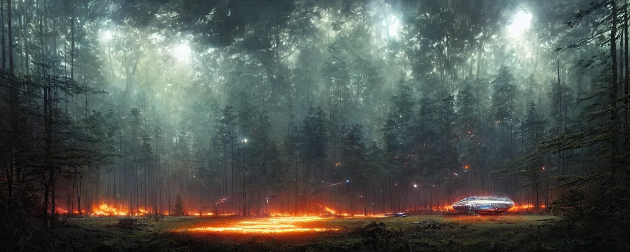 Image similar to a giant megastructure spaceship wrecked and lost in the forest, a small fire in the distance, powerful laser light and large sound system on the left close to the camera, detailed digital art by greg rutkowski.