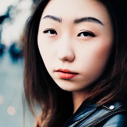 Image similar to a perfect HD photo of close-up japanese young woman wearing leather jacket, instagram, behance, kodak portra