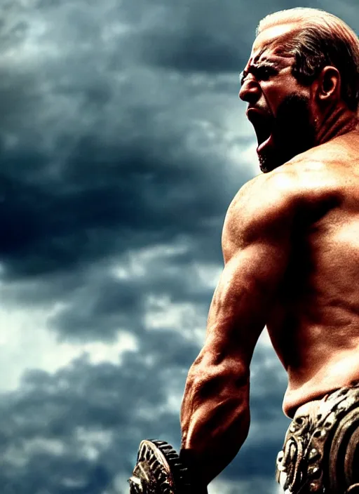 Image similar to cinematic film still of joe biden as leonidas shouting in 3 0 0 movie, 8 k, epic moody sky, dramatic lighting