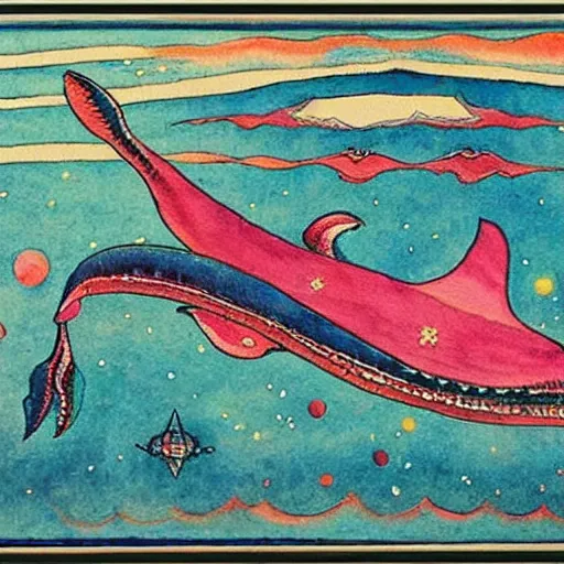 Prompt: a whale watching a spaceship fly down toward the ocean, watercolor by Louis William Wain,