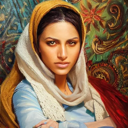 Prompt: portrait of an algerian woman ( 3 5 ) from algeria in 2 0 2 1, an oil painting by ross tran and thomas kincade