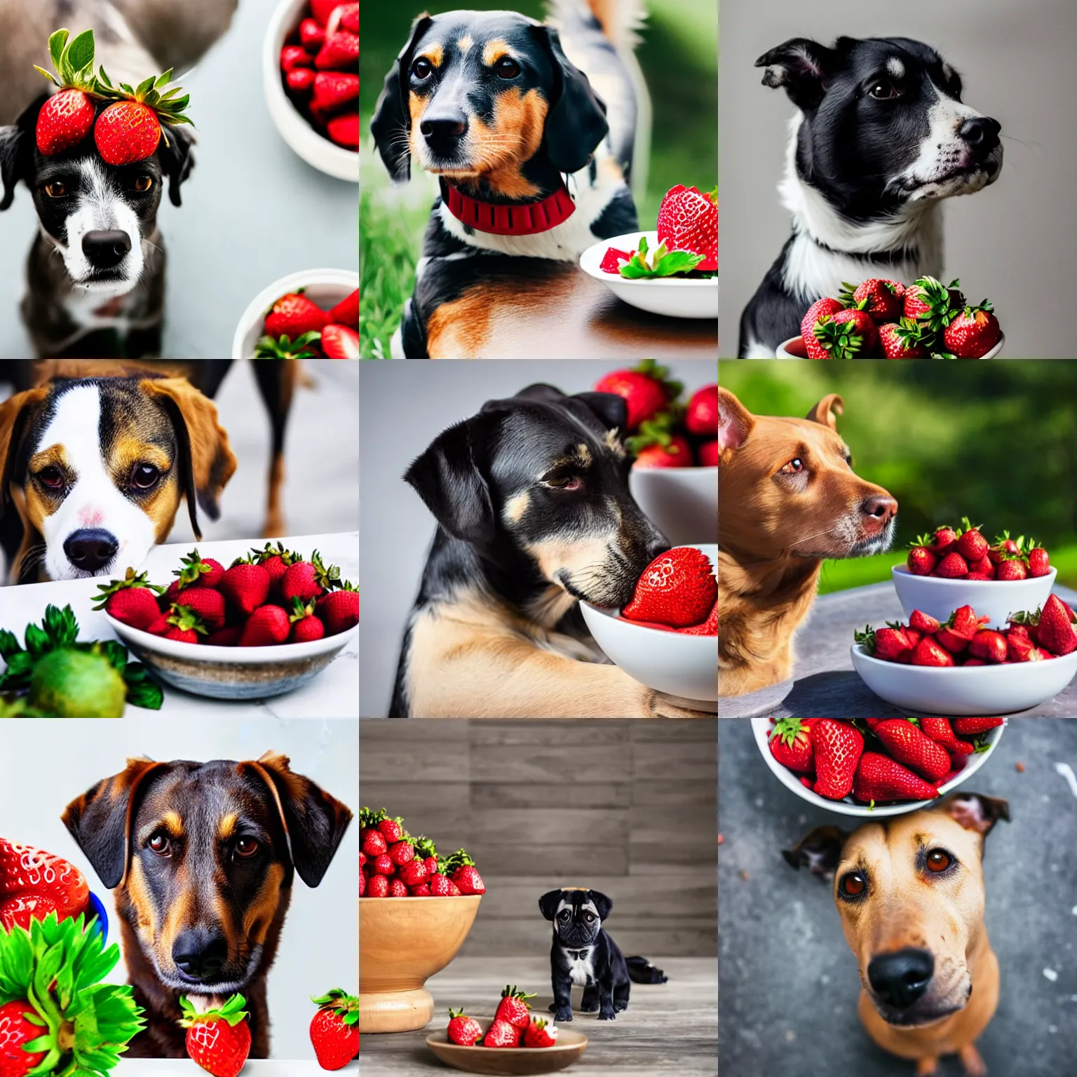 Prompt: a dog staring at a bowl of fresh strawberries