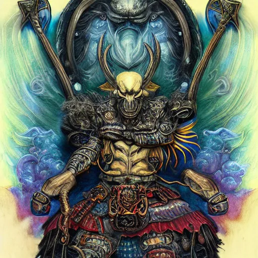 Image similar to rainbow paper + tarot card + Giant Muscular Baphomet wearing Samurai outfit, vintage detailed fantasy illustration painted by Dan Witz, Artgerm, Eldritch, John Howe + intricate ink illustration, ornate, highly detailed + digital painting + 4k + HDR + concept art, smooth, sharp focus, psychedelic black light style + symmetry + bloodborne