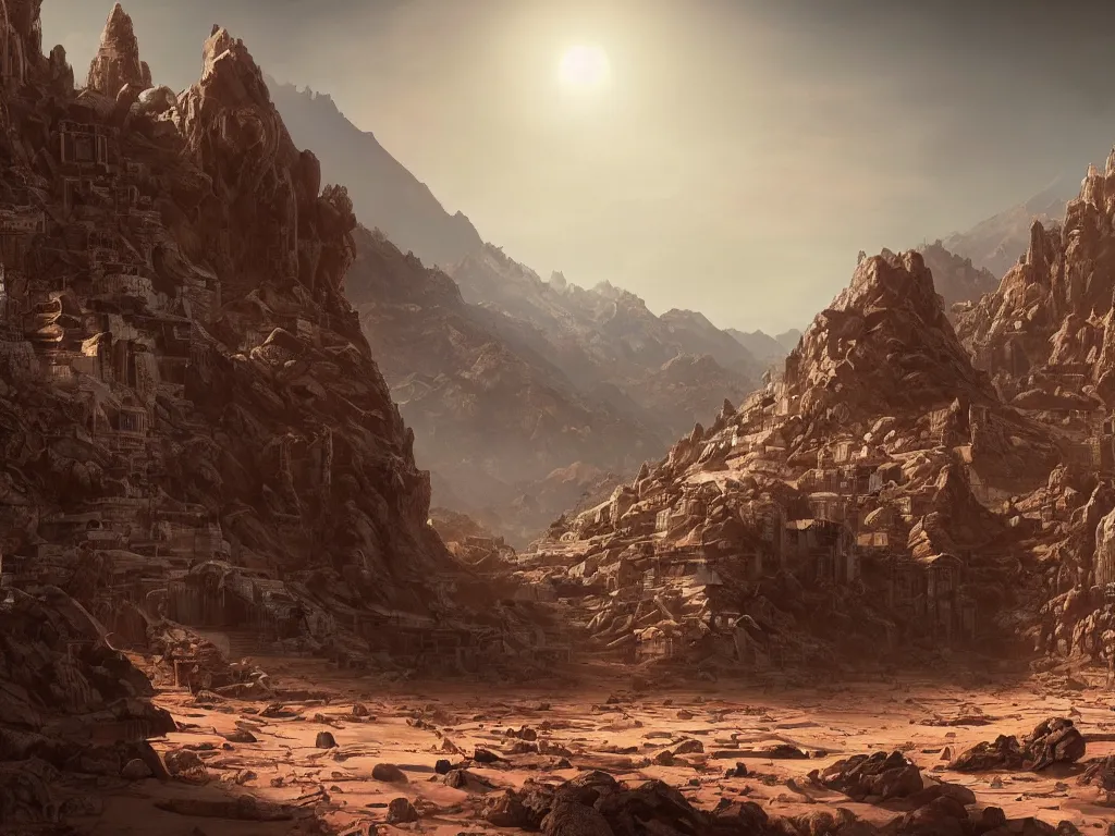 Image similar to Dharamshala!!! on Mars!!!!!, exterior wide shot, volumetric, epic, cinematic, highly detailed, intricate, by Raphael Lacoste, Eddie Mendoza, Alex Ross, Pilar Gogar, matte painting, 8K HDR