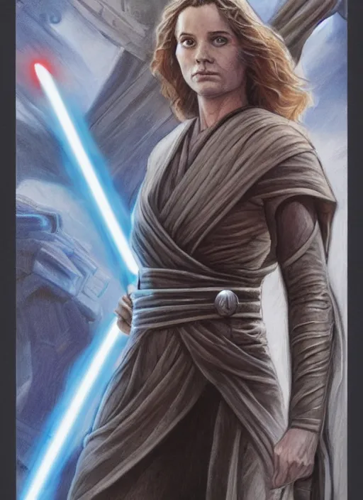 Prompt: movie poster by iain mccaig and magali villeneuve, a beautiful woman jedi master, symetrical face. highly detailed. star wars expanded universe, she is about 2 0 years old, wearing jedi robes. star destroyer