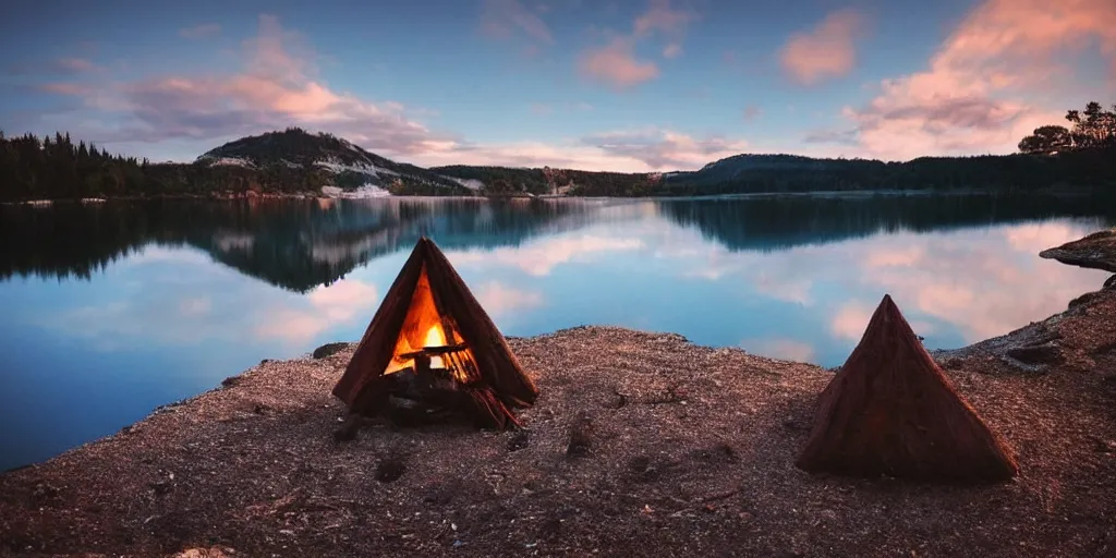 Image similar to a beautiful!!!!!!!! solitary campfire with a beautiful!!! lake in the background, no people, lonely landscape, 3d render, trending on artstation, extremely high detail!!, highly detailed