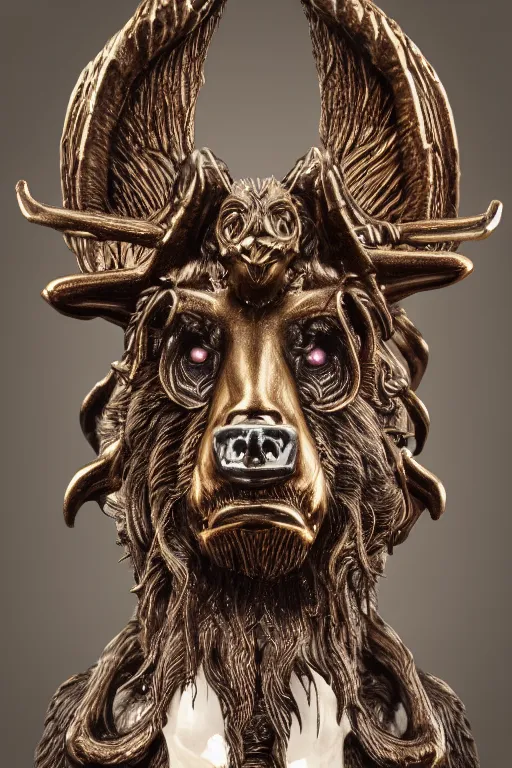 Image similar to sideview waist up portrait of bear baphomet made with porcelain by jeff easley and peter elson, beautiful eyes and face, symmetry face, galaxy, gothic, surreal, dread, highly detailed, intricate complexity, epic composition, magical atmosphere, masterpiece, award winning, trending on artstation