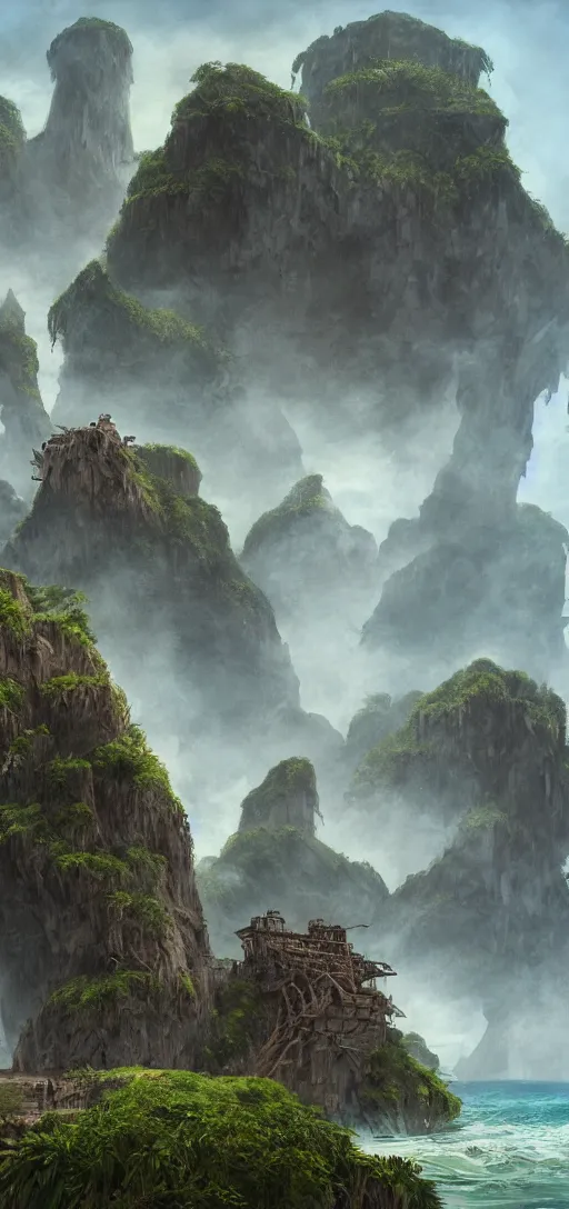 Prompt: skull Island, wooden fortress wall on a tropical island with ruff shore cliffs,landscape, raphael lacoste, eddie mendoza, alex ross, john howe, concept art, matte painting, highly detailed, rule of thirds, dynamic lighting, cinematic, detailed, denoised, centerd, clean render