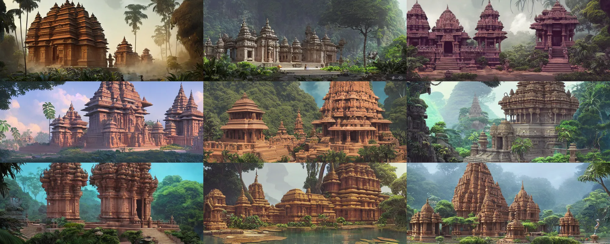 Prompt: a beautiful detailed architecture matte painting of ancient hindu temple with ornamental gate in the middle of tropical jungle cinematic landscape by ghibli, by greg tocchini, by james gilleard, by joe gb fenton, by kaethe butcher, dynamic lighting, vibrant, clean, grunge aesthetic, octane render, artstation