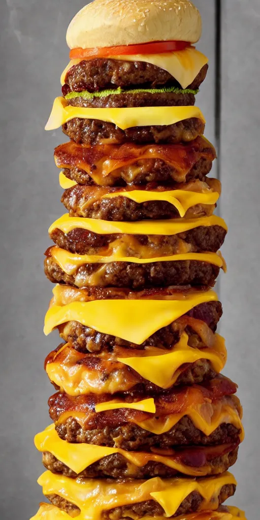 Image similar to a cheeseburger tower made of gigantic stacks of meat patties and cheese slices with a bun on each side, delicious looking burger - stack - tower