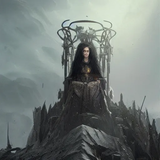 Image similar to of a beautiful black haired woman with pale skin and a crown on her head sitted on an intricate metal throne in eerie atmospheric alien worlds, epic cinematic matte painting, art by greg rutkowski