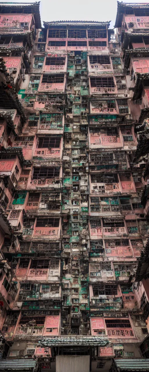 Image similar to a front view of the exterior of Kowloon walled city in Hong Kong, flat lay, flat perspective, front perspective, very detailed, photoreal, 8k,