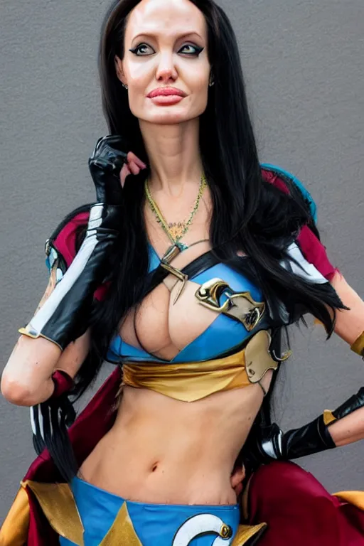 Image similar to headshot of angelina jolie as Nico Robin from One Piece, cosplay, comicon