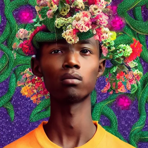 Image similar to colourful vfx art - portrait of nigerian boy wrapped in flowers & vines, art by hsiao - ron cheng & james jean - presented as magazine collage style, volumetric light, colourful, sharp, detailed, digital painting, illustration, illustration, magazine collage, highly detailed, intricate detail, unreal engine, octae render, pinterest, behance, art station,