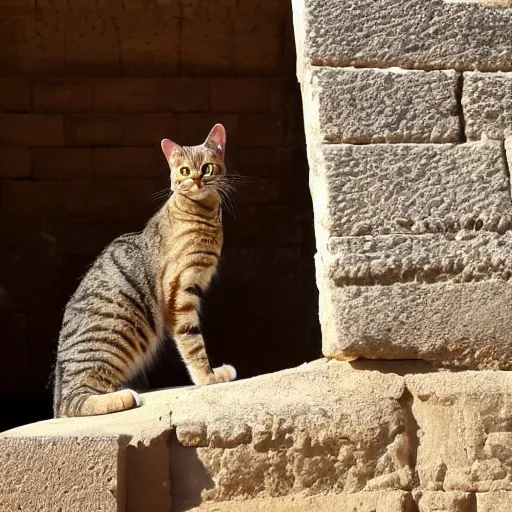 Image similar to A tabby cat seated on a throne inside the Great Pyramid of Giza