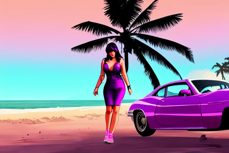 Prompt: a stunning GTA V loading screen with a beautiful woman with ombre hairstyle in purple and pink blowing in the wind at the beach, outrun, vaporware, palm trees, retro, beautiful sky with cumulus couds, digital art, trending on artstation