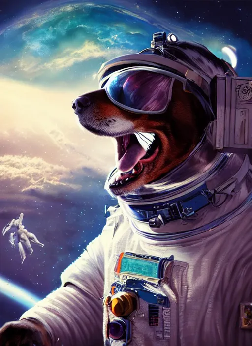 Image similar to An epic fantasy comic book style portrait painting of a dog astronaut in space, unreal 5, DAZ, hyperrealistic, octane render, cosplay, RPG portrait, dynamic lighting