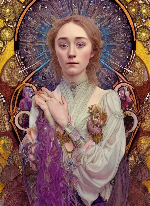 Prompt: Saoirse Ronan as God of Beauty, cute, fantasy, intricate, elegant, highly detailed, digital painting, 4k, HDR, concept art, smooth, sharp focus, illustration, art by alphonse mucha,artgerm, H R Giger