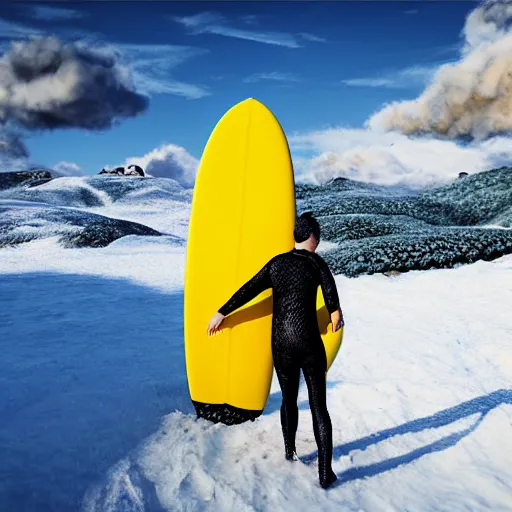 Prompt: man surfing a yellow surfboard down a snowy mountain, high quality digital art, unreal engine, cinematic lighting, photorealism