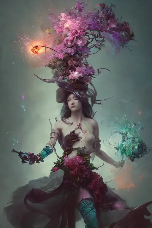 Image similar to beautiful girl necromancer, witch - doctor exploding into flowers, angels, 3 d render, hyper - realistic detailed portrait, holding electricity and birds, ruan jia, wlop. scifi, fantasy, hyper detailed, octane render, concept art, peter mohrbacher