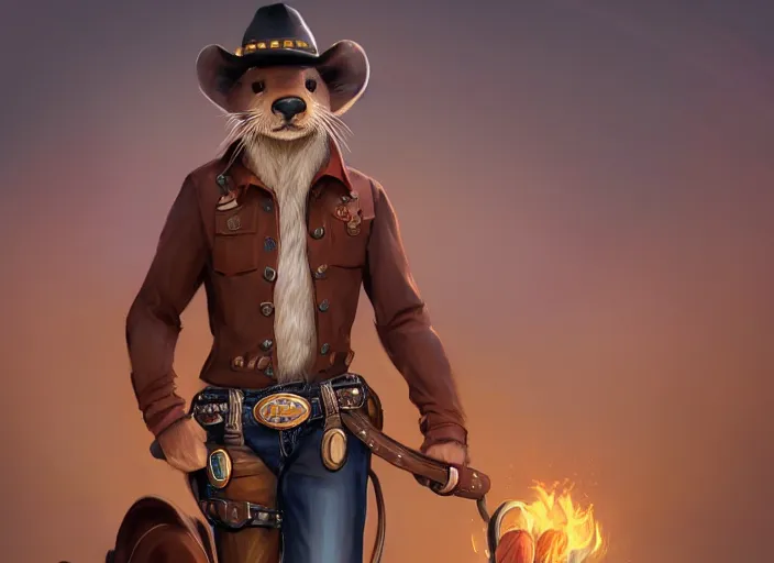 Image similar to character portrait feature of the anthro male anthropomorphic otter fursona wearing cowboy outfit wild west desperado character design stylized by charlie bowater, ross tran, artgerm, makoto shinkai, detailed, soft lighting, rendered in octane