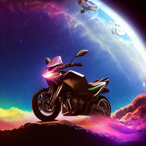 Prompt: high detail photo of a deserted metelic color yamaha motorcycle floating in space inside magic colorful glowing sparkling fog, circular planet behind it, starry sky, tranquil, desolate, atmospheric, hazy, autochrome, 8k, reflections, octane render, unreal engine 5