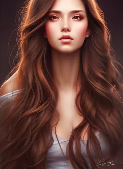 Image similar to a gorgeous female with long brown hair in the style of stefan kostic, realistic, full body shot, wide angle, sharp focus, 8 k high definition, insanely detailed, intricate, elegant, art by stanley lau and artgerm, floating embers