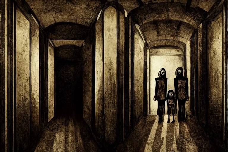 Image similar to scary ginger twin girls standing in an haunted endless hallway, illustration, horror, dark, dramatic lighting, digital art, unique, trending on artstation, artistic, symmetrical, inspired by wes anderson