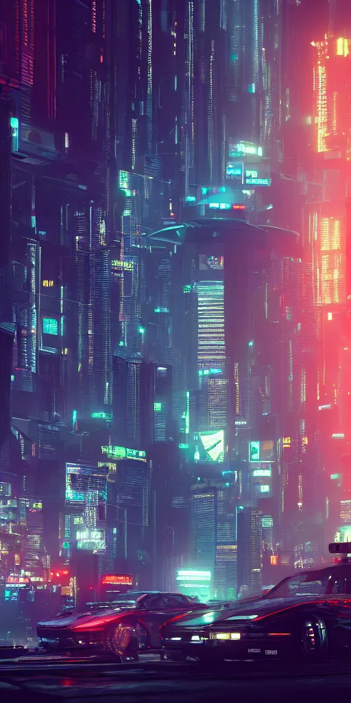 Image similar to a skyline at night, cyberpunk style, digital painting, concept art, smooth, sharp focus, hyperrealistic, illustration, artstation trending, octane render, unreal engine, ambient light, dynamic lighting, magical, dark vibes, Cyberpunk 2077