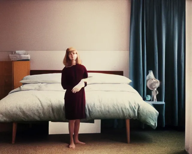 Image similar to a woman standing in a bedroom next to a bed, a colorized photo by Wilhelm Sasnal, tumblr, precisionism, 1970s, matte photo, provia